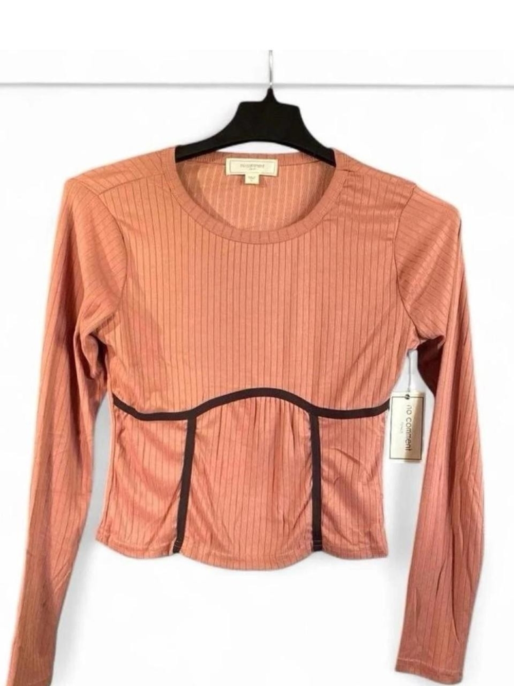 Nostalgia Dusty Rose Ribbed Long Sleeve Top with Dark Contrast Piping